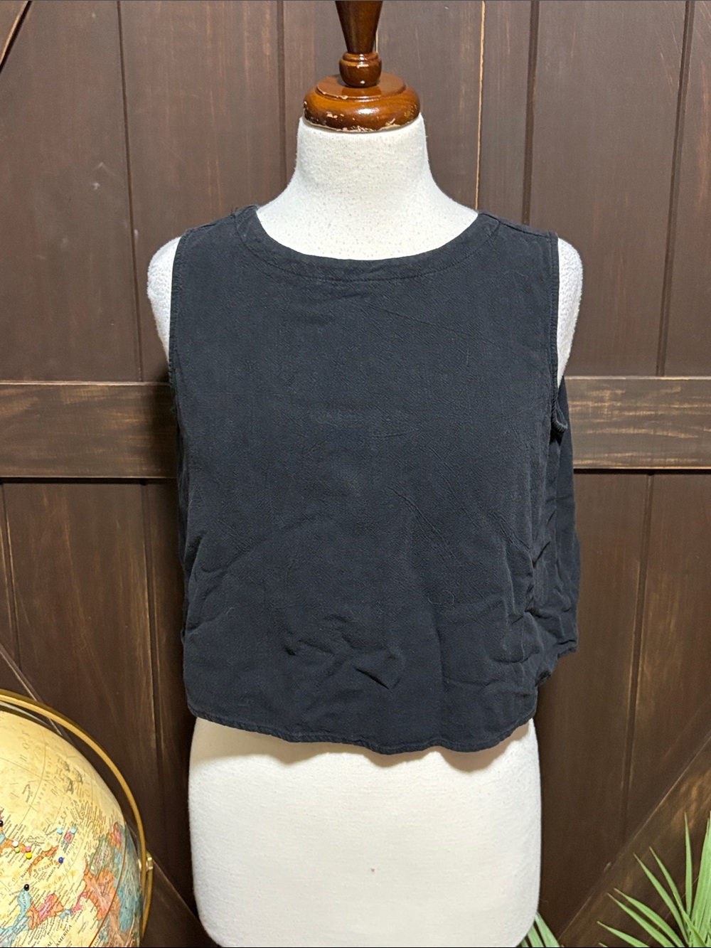 Anrabess Women’s Cropped Linen Black Sleeveless Tank Top